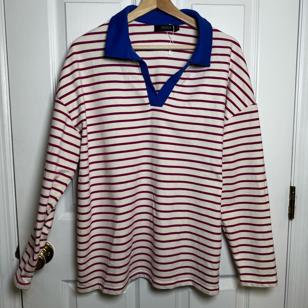 ZESICA Striped Collared V-Neck Top Pink White Blue Contrast Size Large NWOT